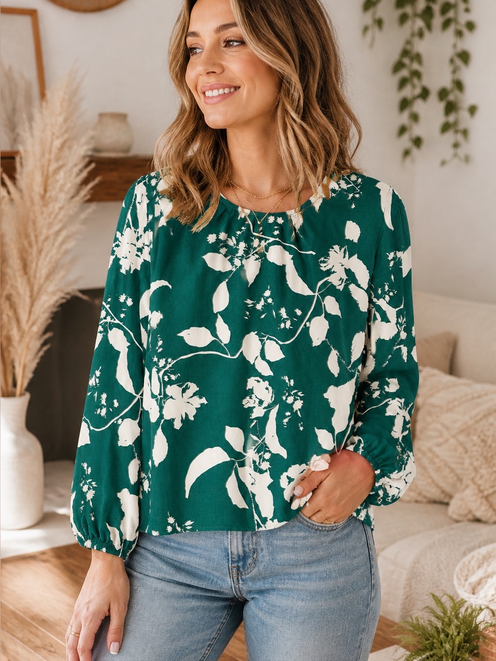 GILLI Green Floral Blouse Size L Boho Long Sleeve Top Lightweight Flowy